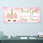 Eenhoorn Baby shower Banner Roze en Gouden Bokeh (Beurs)