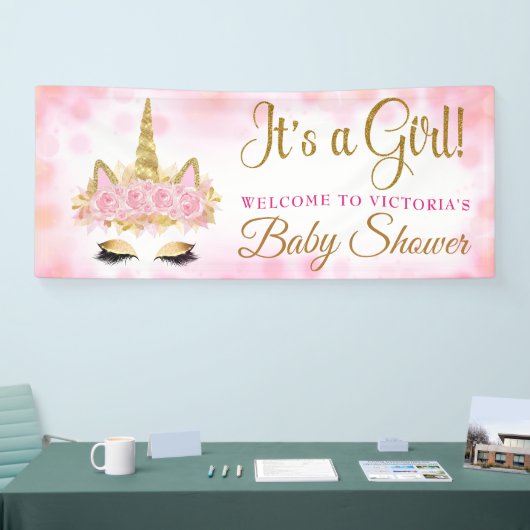 Eenhoorn Baby shower Banner Roze en Gouden Bokeh (Beurs)