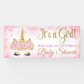 Eenhoorn Baby shower Banner Roze en Gouden Bokeh (Horizontaal)