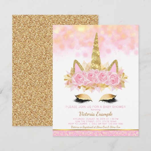 Eenhoorn Baby shower Roze Goud Eenhoorn Gezicht Kaart (Voorkant / Achterkant)