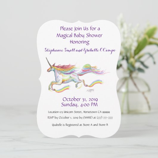 Eenhoorn Baby shower Uitnodiging Rainbow Custom Pi (Staand voorkant)