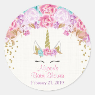 Eenhoorn baby showers stickers, roze en goud ronde sticker