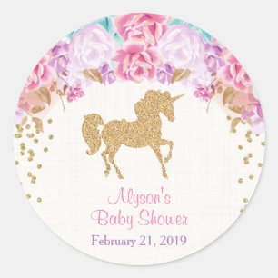 Eenhoorn baby showers stickers, roze en goud ronde sticker