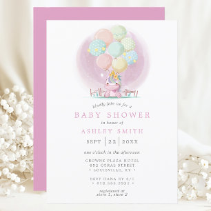 Eenhoorn Ballonnen Roze Waterverf Meisje Baby Show Kaart