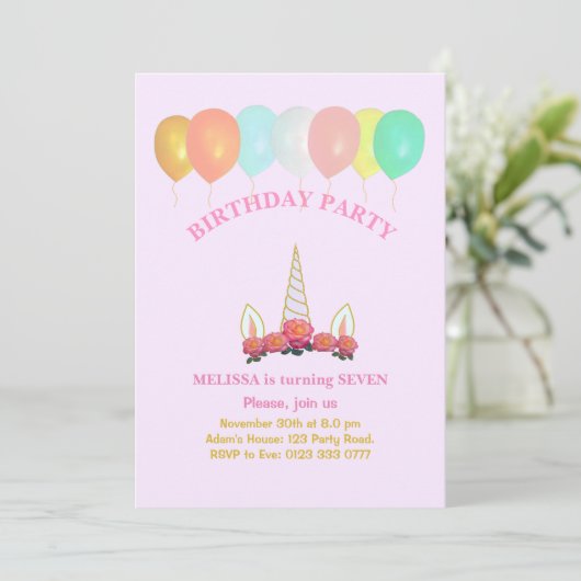 Eenhoorn & Ballonnen Verjaardag Uitnodiging (Staand voorkant)