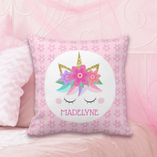 Eenhoorn Bloemen Goud Roze Daisy Gepersonaliseerde Kussen