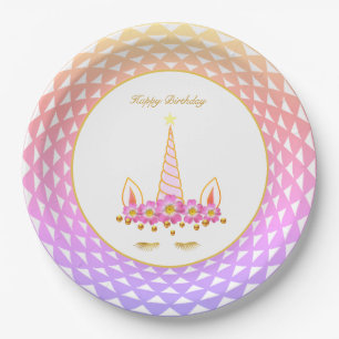 Eenhoorn, Bloemen, Gouden Confetti op Pastel Kleur Papieren Bordje