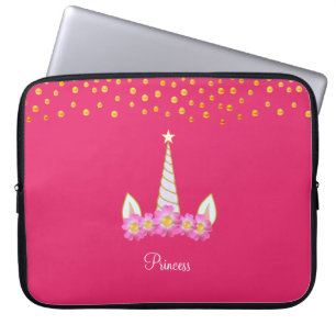 Eenhoorn, bloemen & gouden confetti op roze laptop sleeve