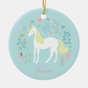 Eenhoorn Bloemen Roze Aqua Gepersonaliseerd Keramisch Ornament