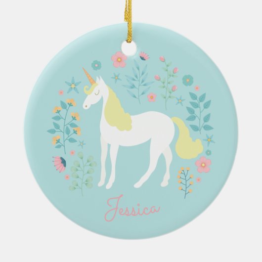 Eenhoorn Bloemen Roze Aqua Gepersonaliseerd Keramisch Ornament (Achterkant)