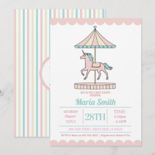 Eenhoorn Carrousel Baby shower Nodig Roze Munt uit Kaart