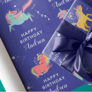 Eenhoorn Custom Name Girls Verjaardag Inpakpapier Vel