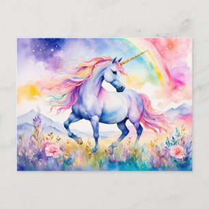 Eenhoorn die onder een glinsterende regenboog loop briefkaart