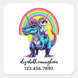 Eenhoorn die op een dinosaurus rijdt Regenboog Naa Vierkante Sticker