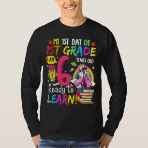 Eenhoorn eerste dag van 1e klas klaar om terug te t-shirt
