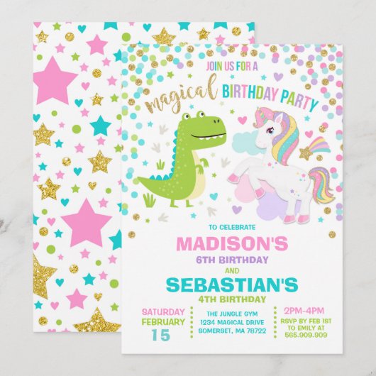 Eenhoorn en dinosaurus verjaardagsuitnodiging broe kaart (Voorkant / Achterkant)