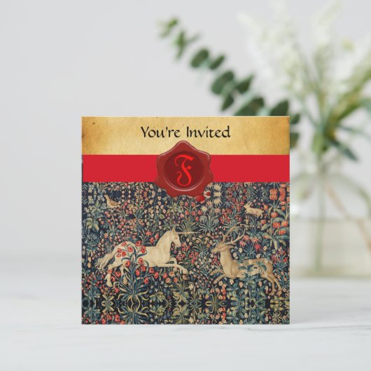 EENHOORN EN HERT MONOGRAM RODE WAS SEAL PERKAMENT KAART (Staand voorkant)