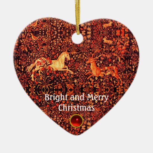 EENHOORN EN HERTEN, BLOEMEN, BOSDIEREN Rode Bloeme Keramisch Ornament (Voorkant)