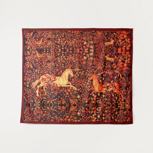 EENHOORN EN HERTEN, BLOEMEN, BOSDIEREN Rode Bloeme Wandkleed (Voorkant (horizontaal))