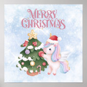 Eenhoorn en kerstboom op sprankelende blauwe lucht poster (Voorkant)