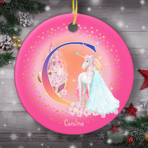 Eenhoorn en Prinses Letter C Monogram Kerst Keramisch Ornament