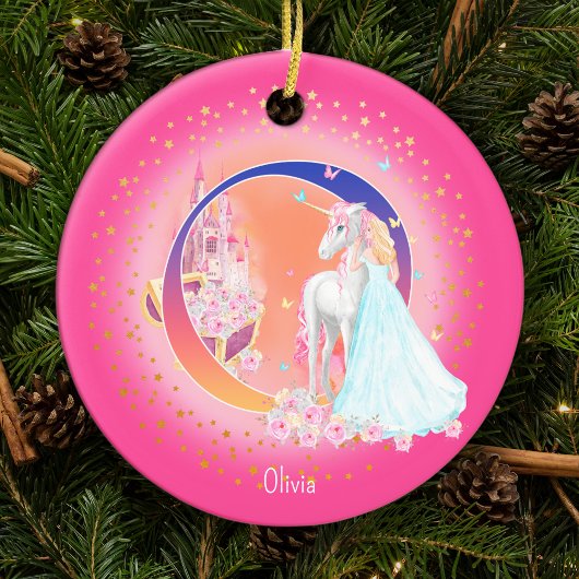 Eenhoorn en Prinses Letter O Monogram Kerst Keramisch Ornament