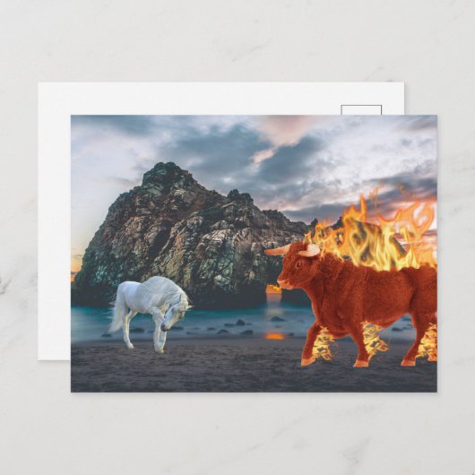 Eenhoorn en Red Flaming Bull op het strand Briefkaart (Voorkant / Achterkant)