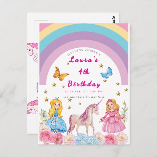 Eenhoorn en regenboog verjaardagsfeest uitnodiging (Voorkant / Achterkant)