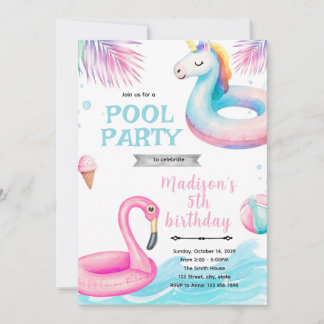 Eenhoorn flamingo zwembad Feest Uitnodiging