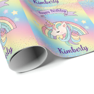 Eenhoorn & Fonkelende Regenboog met Gouden Glitter Cadeaupapier