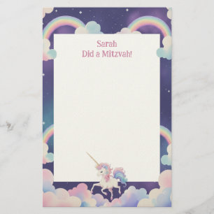 Eenhoorn gepersonaliseerde mitswa noot briefpapier