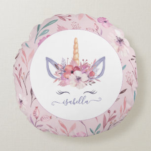 Eenhoorn gezicht bloemenontwerp waterverf rond kussen