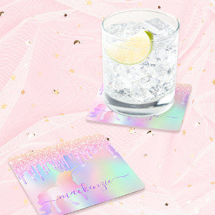 Eenhoorn glitters paars iriserend roze goud monogr vierkante kartonnen onderzetter
