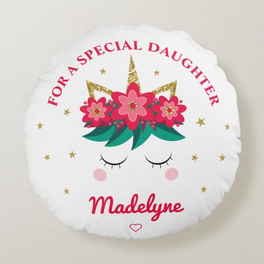 Eenhoorn Goud Glitter Dochter Kerstmis Rond Kussen (Voorkant)