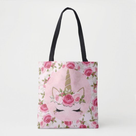 Eenhoorn Goud Roze Bloemen Roos Schattige Trendy Draagtas (Voorkant)