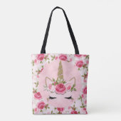 Eenhoorn Goud Roze Bloemen Roos Schattige Trendy Draagtas (Achterkant)