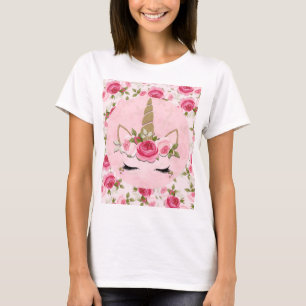 Eenhoorn Goud Roze Bloemen Rozen Schattige Trendy  T-shirt