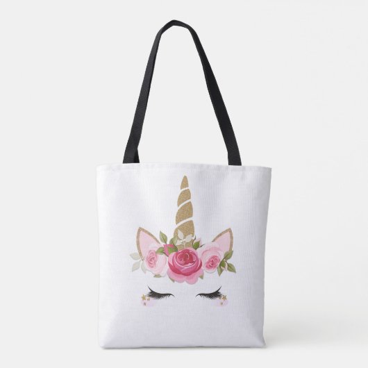 Eenhoorn Goud Roze Bloemen Schattigee Trendy Canva Draagtas (Achterkant)