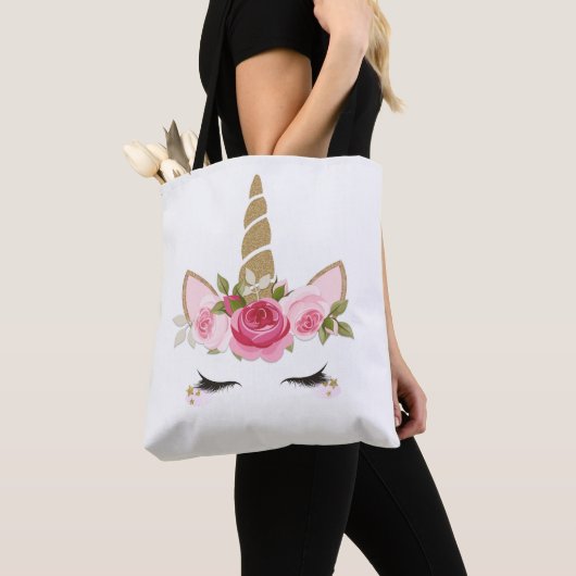 Eenhoorn Goud Roze Bloemen Schattigee Trendy Canva Draagtas (Dichtbij)