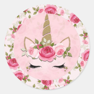 Eenhoorn Goud Roze Bloemrozen Mooie Trendy Ronde Sticker