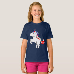 Eenhoorn Grijs Patriottisch USA Flag Cartoon Meisj T-shirt