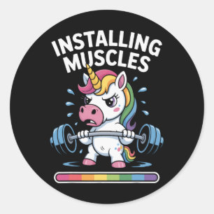 Eenhoorn het installeren van spieren aub wachten b ronde sticker