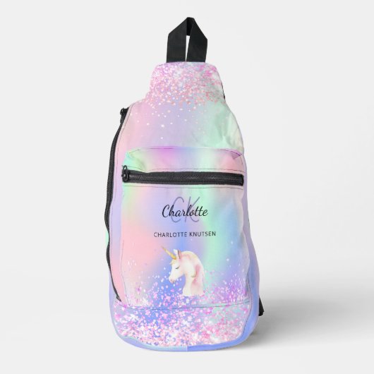 Eenhoorn holografische roze monogram naam sling bag (Voorkant)