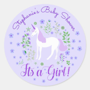 Eenhoorn is een meisje Paarse Baby shower geperson Ronde Sticker