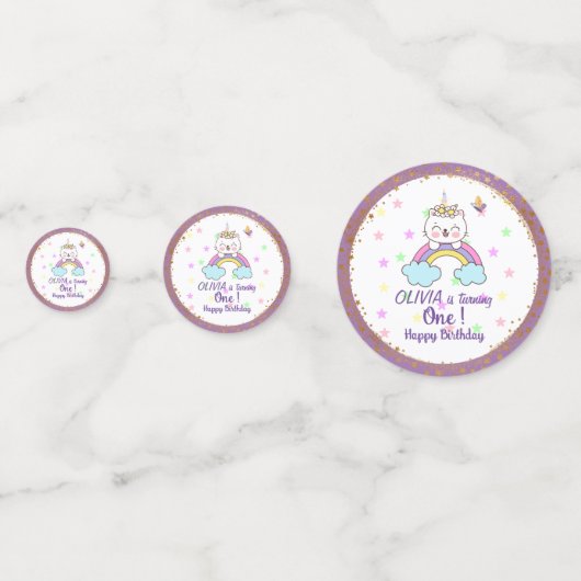 Eenhoorn Kat Regenboog Gouden Paarse 1e Verjaardag Confetti (Voorkanten)