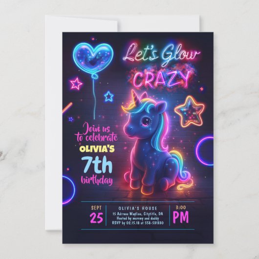 Eenhoorn Laten we Glow Crazy Neon Verjaardagsfeest Kaart (Voorkant)