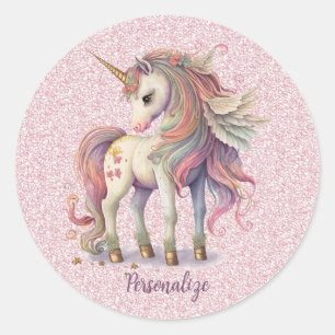 Eenhoorn Magische Regenboog Kleuren Roze Glitter Ronde Sticker