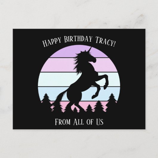 Eenhoorn met achtergrond zonsondergang naam datum briefkaart (Voorkant)