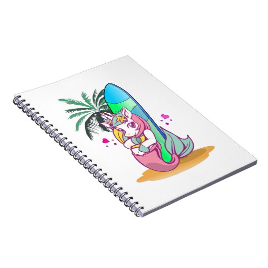 Eenhoorn met surfplank op het strand notitieboek (Rechterzijde)