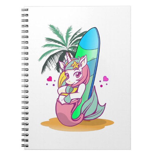 Eenhoorn met surfplank op het strand notitieboek (Voorkant)